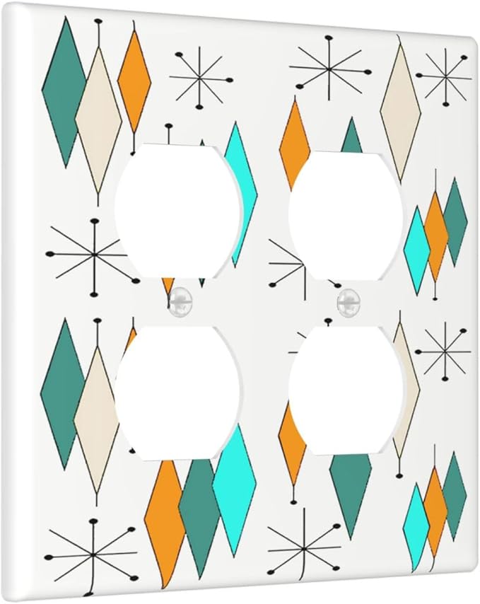 Mid Century Geometric Plaid 2-Gang Device Duplex Wall Plate, Aqua/Blue/Orange Modern Retro Abstract Atomic Art Decorative Two Gang Double Duplex Receptacle Socket Outlet and Light Switch Cover Plate
