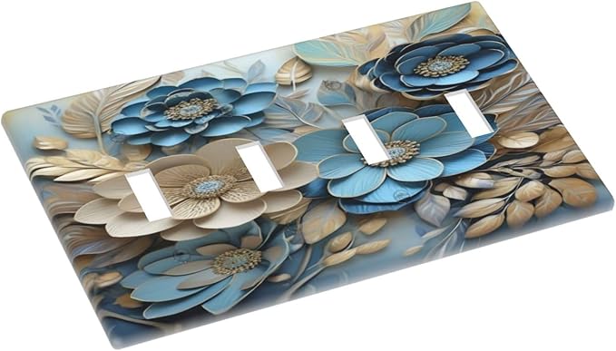 Decorative Art Light Switch Covers Blue and Creamy Floral Quad Toggle 4 Gang Wall Plate Switch plate Electrical Faceplate for Home Decor