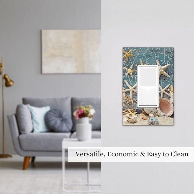 Nautical Beach Starfish Coral Conch Seashell Theme 1 Gang Rocker/Decorator GFCI Outlet Light Switch Wall Plate Cover Single Device Faceplate Turquoise Teal Wood Plank Board Decorative Switchplate