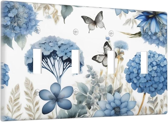Blue Floral Hydrangea Floral Butterfly Flower Plant Light Switch Covers Quad Toggle Electrical Faceplate 4 Gang Wall Plate Decorative Switch Plates Cover for Bedroom Living Room Decor