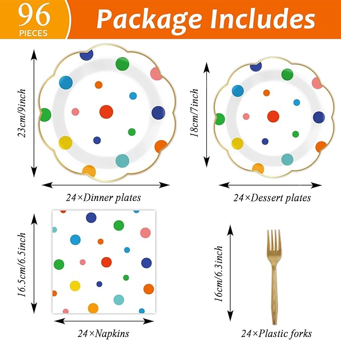 96 Pcs Colorful Birthday Plates and Napkins Colorful Polka Dots Party Supplies Rainbow Dots Tableware Table Decorations Confetti Plates Napkins Rainbow Party Favor for Baby Shower Wedding 24 Guests