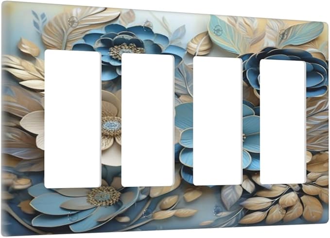 Decorative Art Light Switch Covers Blue and Creamy Floral 4 Gang Rocker Decora Outlet Covers Electrical Faceplate GFCI Wall Plate for Home Decor