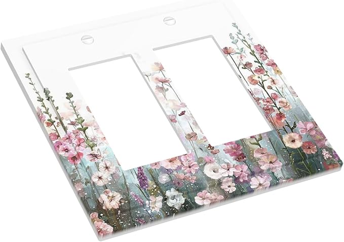 Colorful Flowers Pink Floral Watercolor Plant Decorative Outlet Covers 2 Gang Double GFCI Rocker Electrical Wall Panels Light Switch Cover Plate for Bed Room Living Room Decor