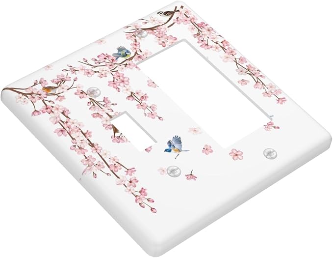 Pink Cherry Blossom Flower Vine Floral Tree Branch Birds Outlet Covers 1 Toggle 1 Rocker Combination Decorative Wall Plate Electrical Switch Plates Light Switch Cover Plate for Bedroom Living Room