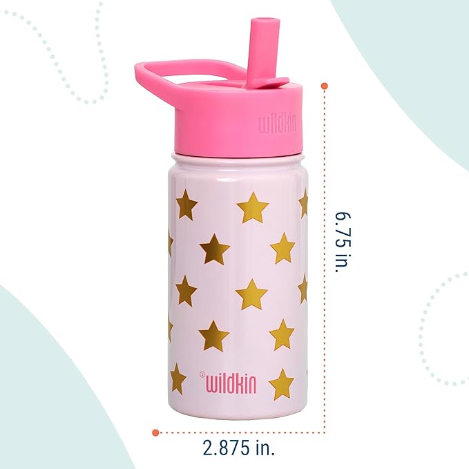 Wildkin Kids 14oz Stainless Steel Water Bottle – BPA-Free, Leakproof, Insulated, Easy-Clean - Pink and Gold Stars