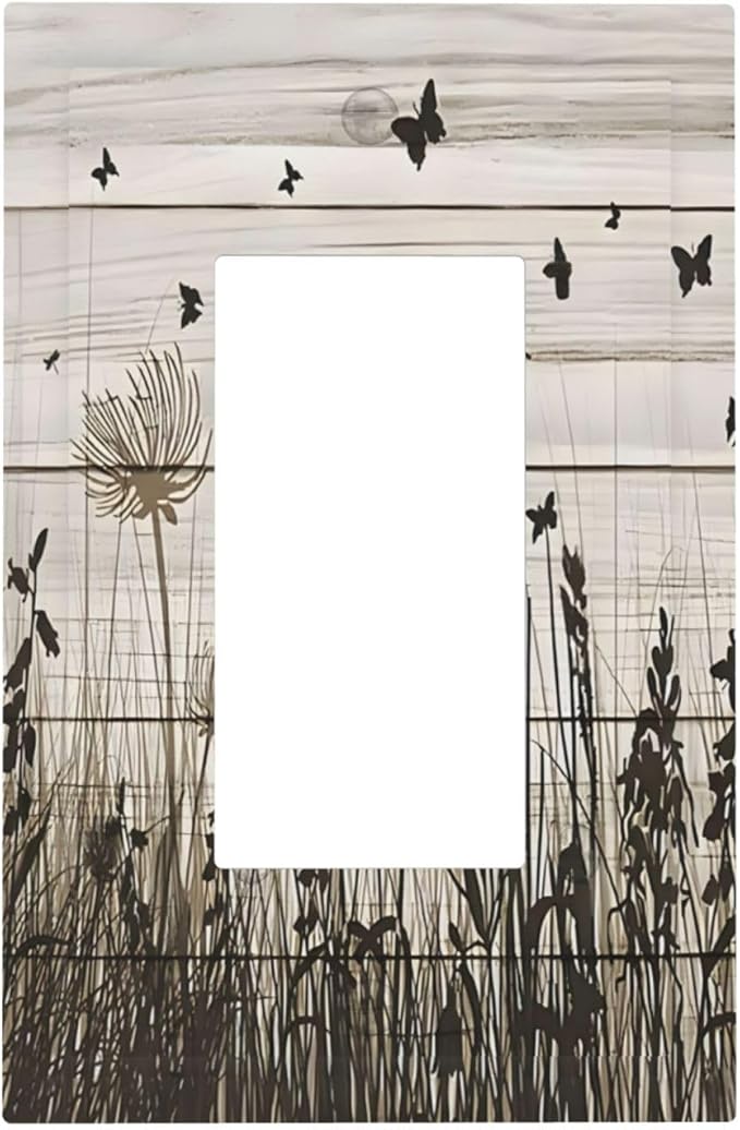 Wildflower Butterfly Grass Dandelion Vintage Wooden Print Decorative Outlet Covers 1 Gang Single Rocker Light Switch Cover Plate Wall Plates GFCI Faceplate for Farmhouse Home Decor