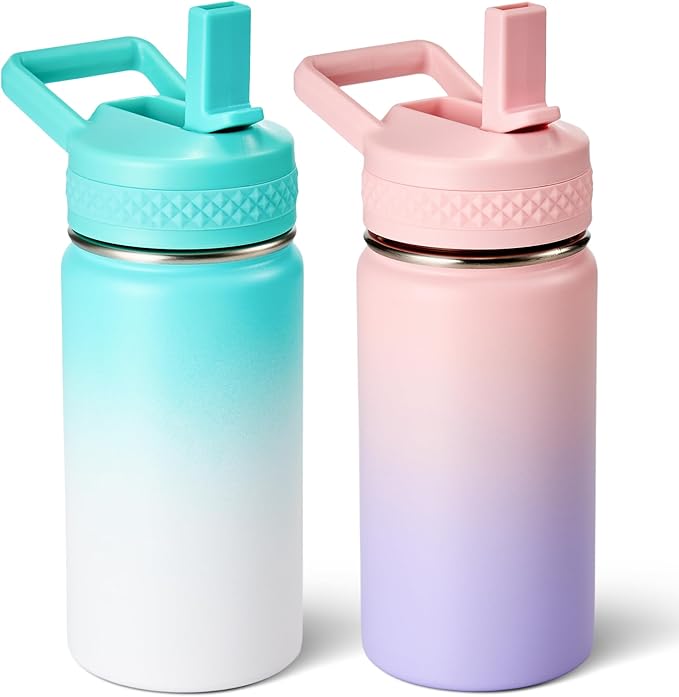 Fijinhom 12 oz Toddler Bottle, 2 Pack Kids Water Bottle for School Boys & Girls with Straws Lids, 304 Stainless Steel Vacuum Insulated Thermos, BPA-Free, Dreamy Purple + Sea Salt