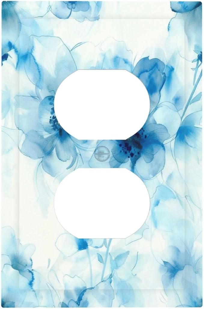 Watercolor Flower Blue White Large Floral Leaf Plants Outlet Covers 1 Gang Duplex Light Switch Cover Decorative Switch Plates Electrical Receptacle Faceplate Wall Plate for Bedroom Living Room Decor