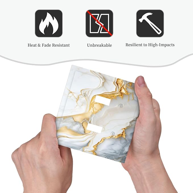 Exquisite White Gold Marble Abstract Luxurious Print Decorative Switch Plates 2 Gang Double Toggle Outlet Light Switch Cover Wall Plate Electrical Faceplate for Bathroom Kitchen Decor