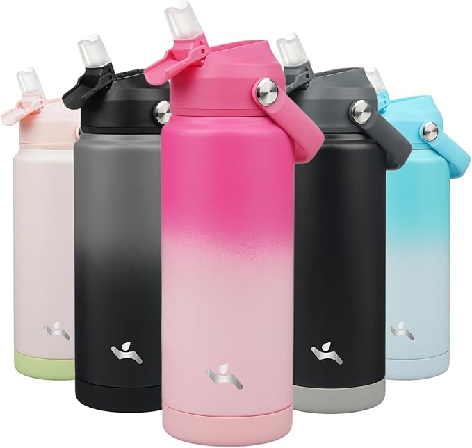 Konokyo Insulated Water Bottle with Straw Lid,24 oz Stainless Steel Vacuum Metal Bottle with Silicone Handle,Cherry Blossom