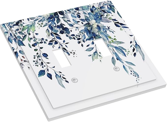 Blue Eucalyptus Watercolor Leaves Double Toggle Light Switch Cover Decorative Green Plant 2 Gang Wall Plate Electrical Faceplate Switchplate for Kidroom Bathroom Bedroom Living Room Decor