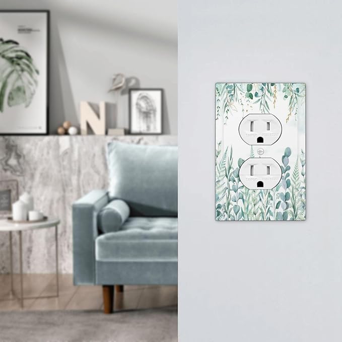 Boho Green Eucalyptus Leaf Floral Sage Flower Outlet Covers 1 Gang Duplex Light Switch Cover Decorative Switch Plates Electrical Receptacle Faceplate Wall Plate for Bedroom Living Room Decor