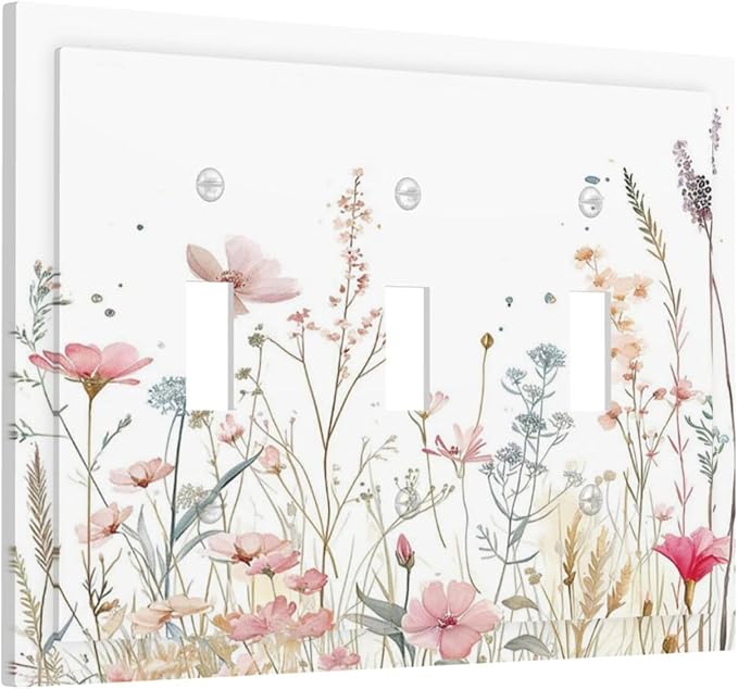 Watercolor Wildflower Pink Flower Plant Floral Decorative Switch Plates 3 Gang Wall Plate Triple Toggle Light Switch Cover Faceplate Electrical Wall Panels for Bedroom Living Room Decor