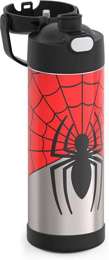 THERMOS FUNTAINER 16 Ounce Stainless Steel Vacuum Insulated Bottle with Wide Spout Lid, Spiderman