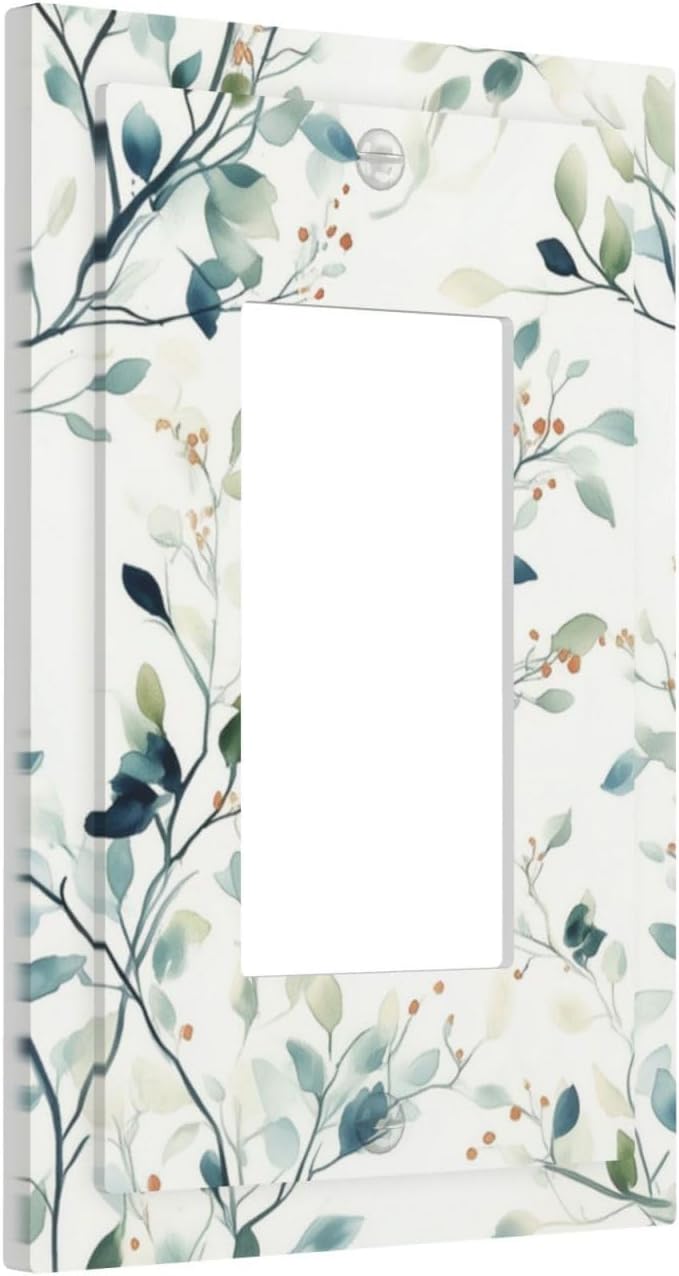 Watercolor Floral Green Leaves Single Light Switch Cover Plate Green Botanical Flowers 1 Gang Rocker Outlet Covers Switchplate Decorative Electrical GFCI Wallplate for Bedroom Kitchen Living Room