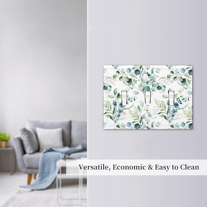 Watercolor Spring Olive Leaves Triple Toggle Device Switch Wall Plate 3-Gang Light Switch Cover Green Eucalyptus Sage Ivy Leaf Botanical Bontay Decorative Decorator Wallplate Switchplate Room Decorate