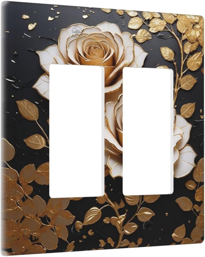 Decorative Outlet Covers Big Golden White Roses Glod Leaves Black Background 2 Gang Wall Plate Double Rocker Switch Light Switch Plate Covers Jumbo Dual Electrical GFCI Switch Cover