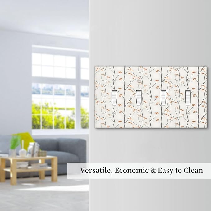 Boho Floral Watercolor Tree Branch Flower Minimalist Light Switch Covers Quad Toggle Electrical Faceplate 4 Gang Wall Plate Decorative Switch Plates Cover for Bedroom Living Room Decor