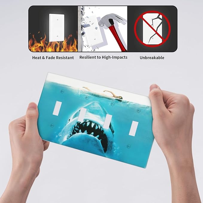 Beach Shark Oceanjaws Movie Vintage Look Light Switch Covers Quad Toggle Electrical Faceplate 4 Gang Wall Plate Decorative Switch Plates Cover for Bathroom Kids Room Decor
