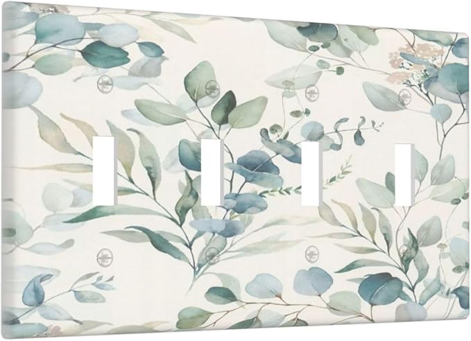 Boho Green White Eucalyptus Leaf Floral Light Switch Covers Quad Toggle Electrical Faceplate 4 Gang Wall Plate Decorative Switch Plates Cover for Farmhouse Living Room Decor