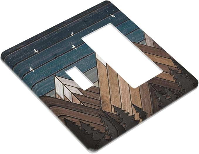 Rustic Geometric Mountain Wilderness Wood 2 Gang Toggle Rocker Combo Wall Plates Decorative GFCI Device Outlet Cover Receptacle Electrical Faceplate Switchplate for Bedroom Bathroom Kitchen Decor