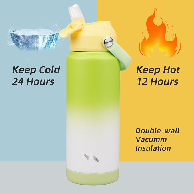 Konokyo Insulated Water Bottle with Straw Lid,24 oz Stainless Steel Vacuum Metal Bottle with Silicone Handle,GreenWhite