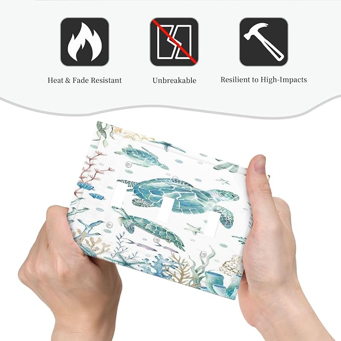 Sea Turtle Ocean Starfish Fish Coral Pearl Decorative Switch Plates 3 Gang Wall Plate Triple Toggle Light Switch Cover Faceplate Electrical Wall Panels for Bathroom Kids Room Decor