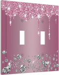 Sparkling Diamonds Pink Silver Glitter Drops Print Double Toggle Light Switch Covers Decorative Unique 2 Gang Wall Plate Dual Electrical Faceplate Switchplate for Bedroom Living Room Decor