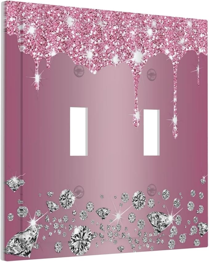 Sparkling Diamonds Pink Silver Glitter Drops Print Double Toggle Light Switch Covers Decorative Unique 2 Gang Wall Plate Dual Electrical Faceplate Switchplate for Bedroom Living Room Decor