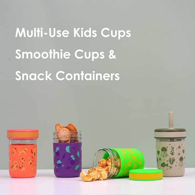 Sursip Toddler Glass Cups with Straw, Spill-Proof Kids Mason Jar Food Storage with Lids, Sippy Cups for Drinks, Smoothies, Snacks, Milk Cup [4 Pack] 8 oz 2-in-1