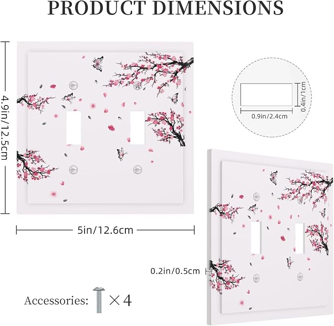Pink Watercolor Cherry Blossom Flowe Tree Branch Floral Decorative Switch Plates 2 Gang Double Toggle Outlet Light Switch Cover Wall Plate Electrical Faceplate for Bedroom Living Room Decor