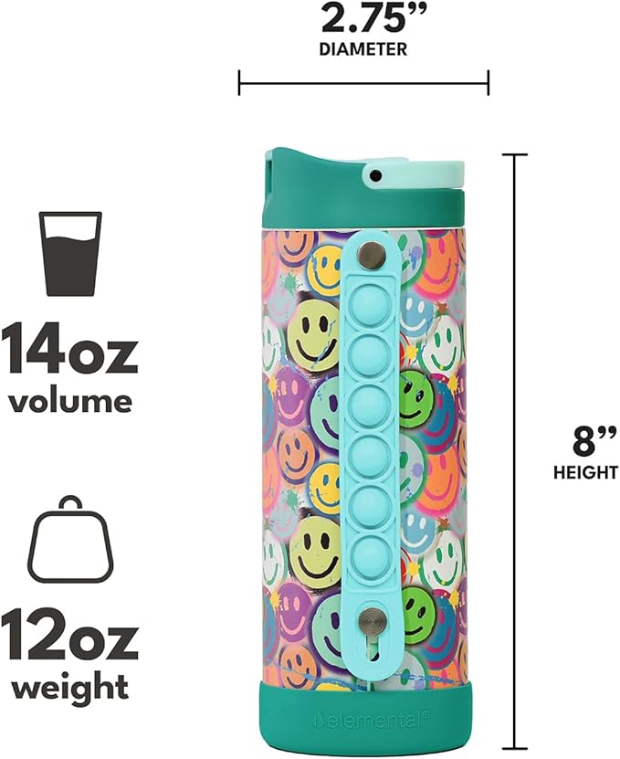 Elemental Iconic Kids Water Bottle for School - 100% Leak-Proof Insulated Water Bottles with Straw Lid & Pop-It Handle for Boys & Girls - Triple-Wall Insulated & BPA-Free, 14oz – Graffiti Smile