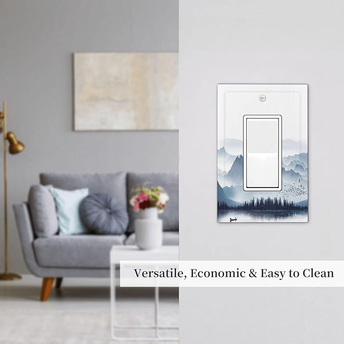 Decorative Outlet Covers Mountain Foggy Lake Boat Grey Blue Forest Birds 1 Gang Single Rocker Light Switch Cover Plate Wall Plates GFCI Faceplate for Bedroom living Room Decor