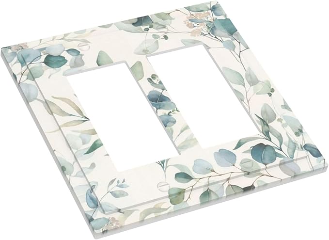 Boho Green White Eucalyptus Leaf Floral Decorative Outlet Covers 2 Gang Double GFCI Rocker Electrical Wall Panels Light Switch Cover Plate for Farmhouse Living Room Decor