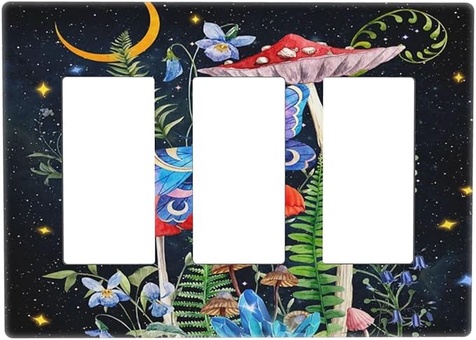 Moon Snail Boho Moth Mushroom 3 Gang Three Gfci/Decorator Receptacle Switch Face Wall Plate Black Witchy Fantasy Botanical Butterfly Decorative Triple Rocker Light Switch Cover for Dimmer Screwless