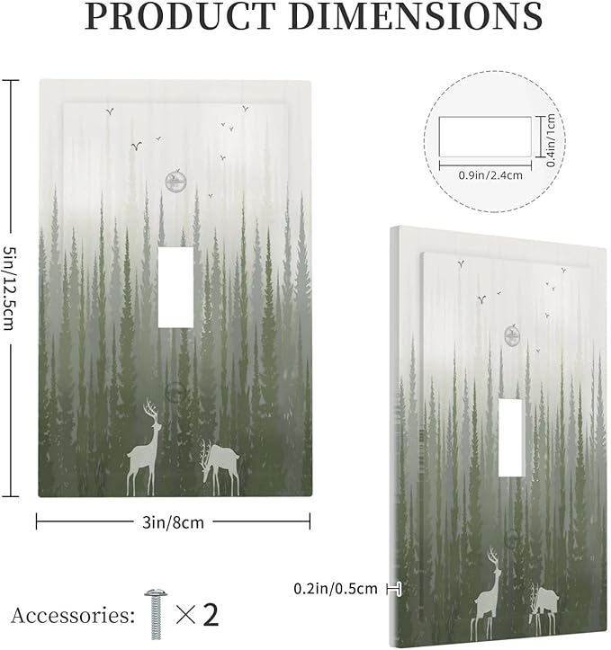 Green Pine Tree Deer Country forest Bird Nature Mist Decorative Light Switch Cover 1 Gang Single Toggle Device Electrical Faceplate Switchplates Decorator Outlet Wall Plate for Bedroom Home Decor