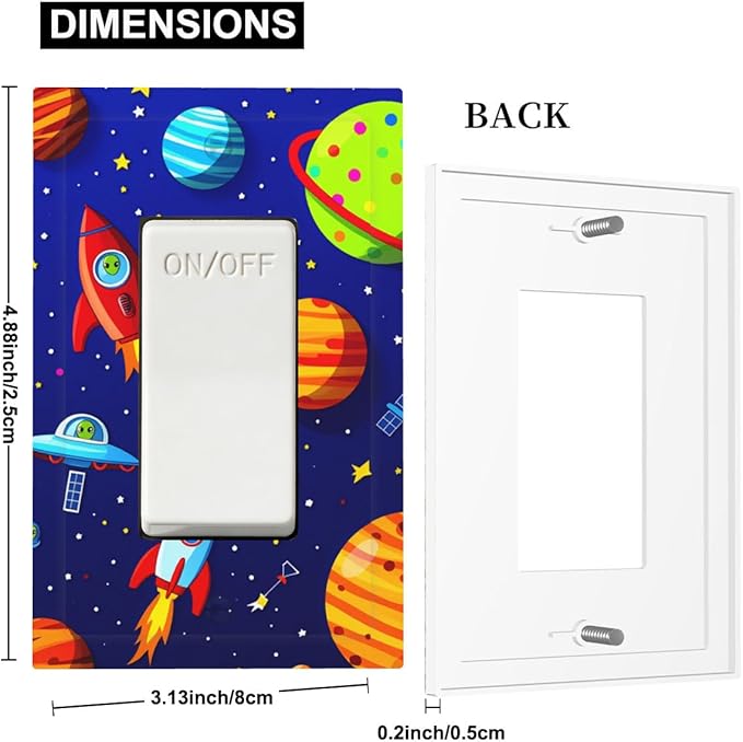 Planets, Rockets & Aliens Single Rocker Switch Cover - 1-Gang Standard US Size Astronaut Cosmic Adventure Light Switch Covers for Boy's Bedroom Decor