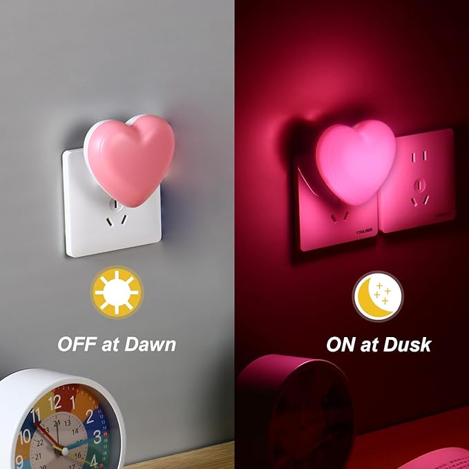 INZU Cute Night Light, Heart Night Light for Kids, LED Nightlight with Auto Dusk to Dawn Sensor, Nightlight Plug into Wall with Soft Warm Light for Bedroom, Nursery, Bathroom, Hallway (Pink 2Pack)