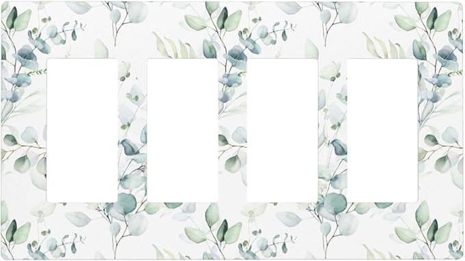 Green Eucalyptus Leaf 4 Gang Quad Rocker/GFCI/Decorator Light Switch Cover Plate Decorative Electric Faceplate Decorative Switchplate Screwless