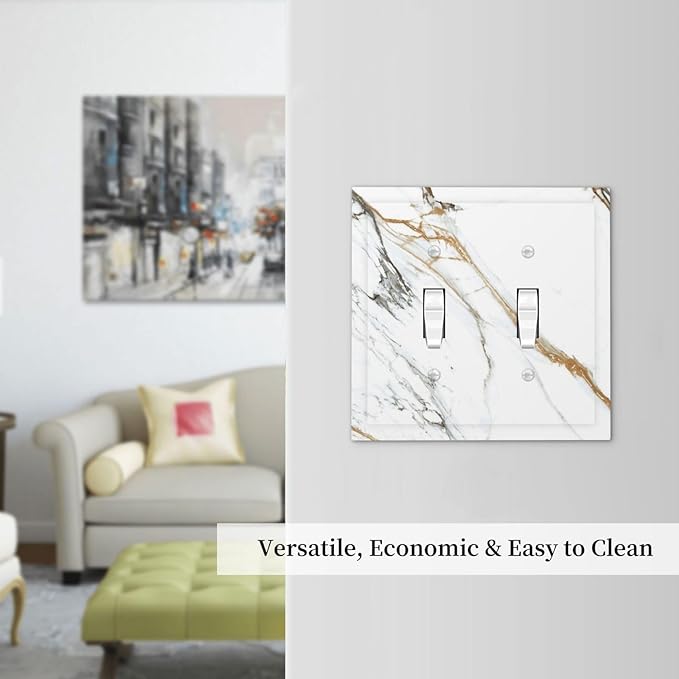 White Gold Marble Modern Abstract Luxury Print Decorative Switch Plates 2 Gang Double Toggle Outlet Light Switch Cover Wall Plate Electrical Faceplate for Bathroom Kitchen Decor
