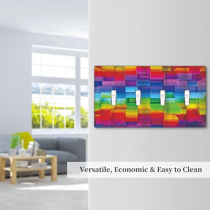 3D Colorful Rainbow Wall Abstract Squre Shaped Quad Toggle Light Switch Covers Decorative Unique 4 Gang Wall Plate Electrical Faceplate Switchplate for Kitchen Bedroom Bathroom Decor