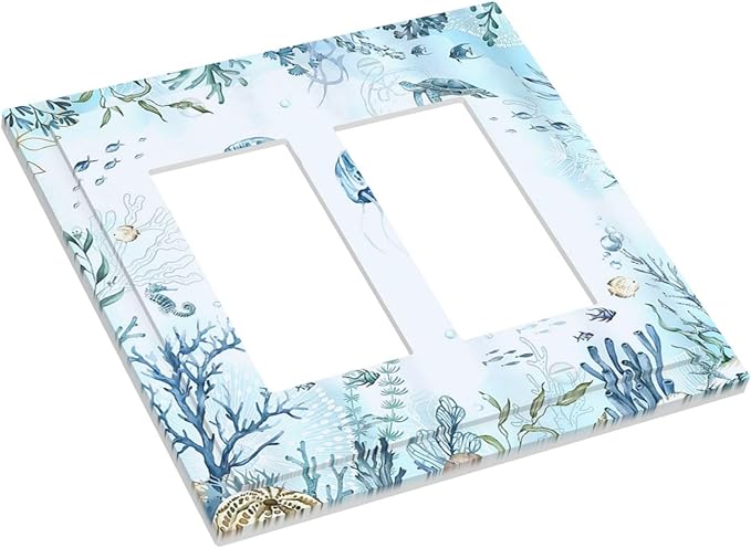 Decorative Outlet Covers Jellyfish Teal Blue Ocean Turtle Coastal Beach 2 Gang Double GFCI Rocker Electrical Wall Panels Light Switch Cover Plate for Bedroom Bathroom Decor