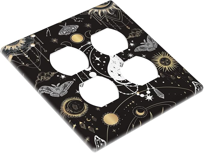 White Cat Tarot Moon Phases Moth Celestial Gothic Outlet Covers 2 Gang Double Duplex Decorative Light Switch Covers Electrical Wallplates Socket Faceplate for Kids Room Bedroom Decor