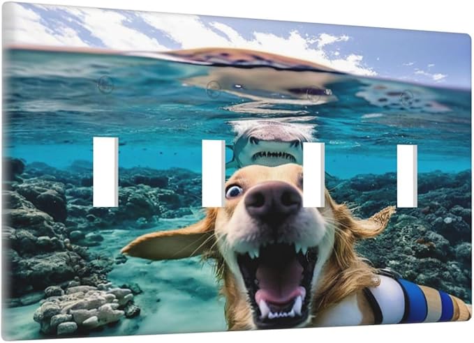 Decorative Light Switch Plate Covers Angry Shark Chased Funny Dog Underwater Sea 4 Gang Wall Plate Switch Cover Plate Quad Toggle Jumbo Electrical Faceplate for Bathroom Decor
