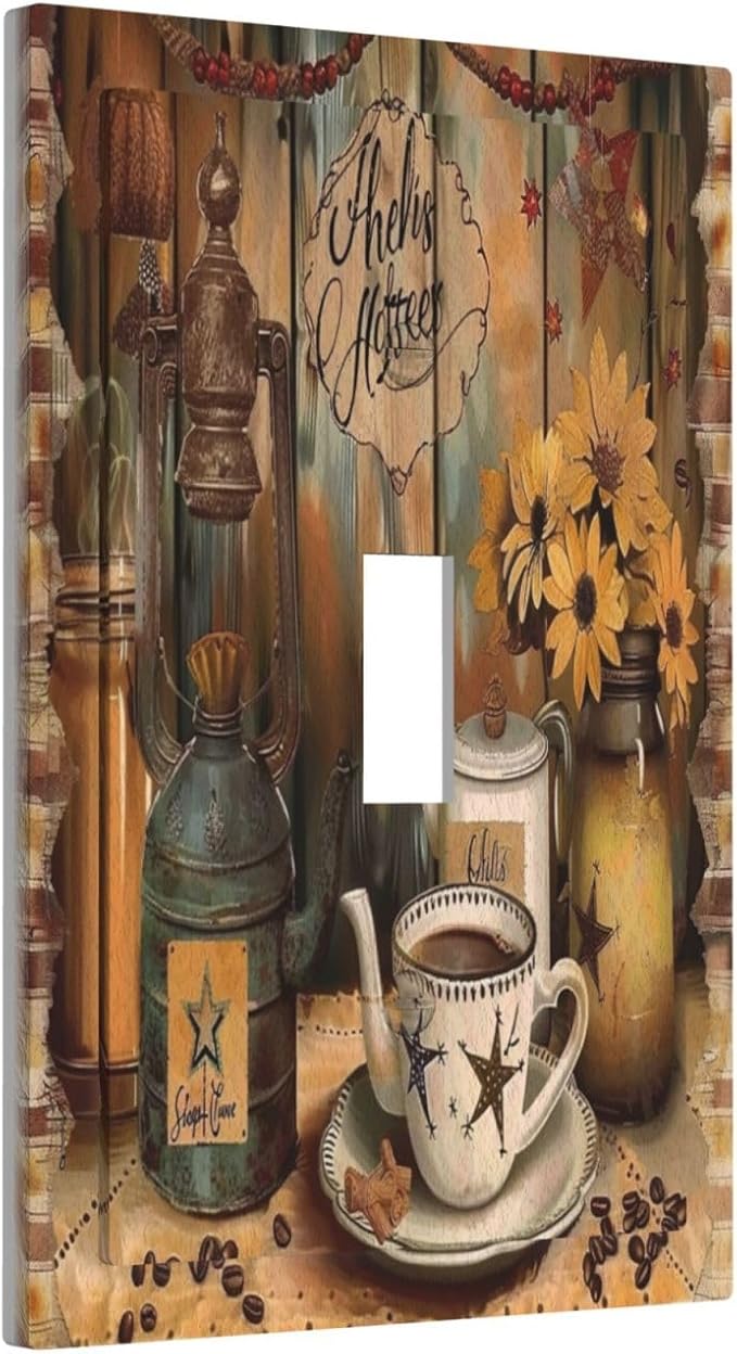 Decorative Switch Plate Covers Vintage Coffee Pot Star Farmhouse Wood Plank 1 Gang Wall Plate Single Toggle Light Switch Cover Plate Jumbo Electrical Switchplate Receptacle Faceplate
