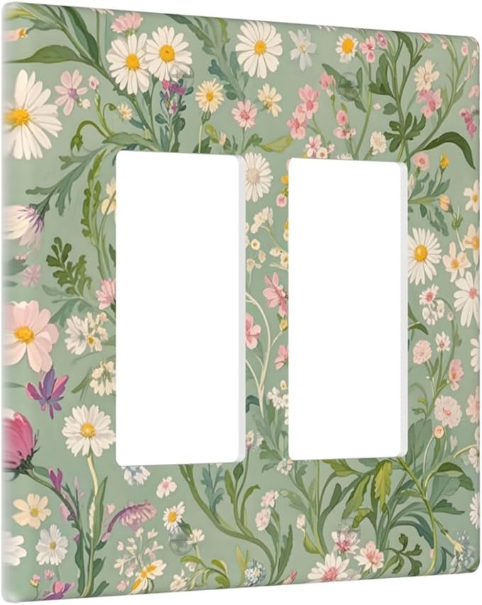 Decorative Outlet Covers with Vintage Wildflowers & Daisies on Light Green Background Design 2 Gang Wall Plate Double Rocker Light Switch Cover Switch Plate Cover