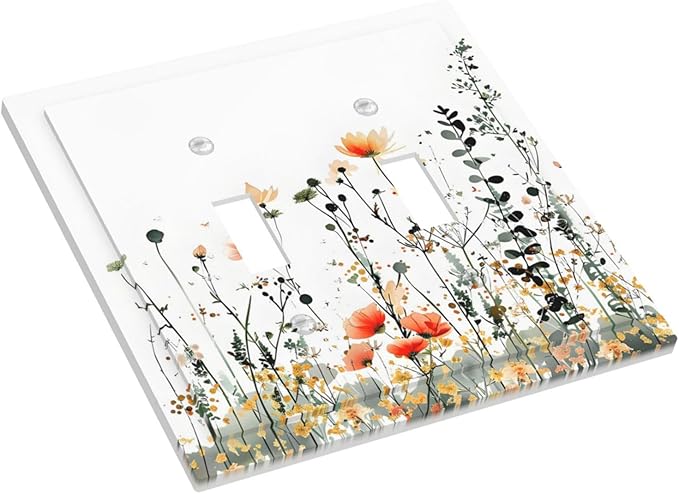 Vintage Country Style Watercolor Leaves Wildflowers Floral Decorative Switch Plates 2 Gang Double Toggle Outlet Light Switch Cover Wall Plate Electrical Faceplate for Bedroom Living Room Decor