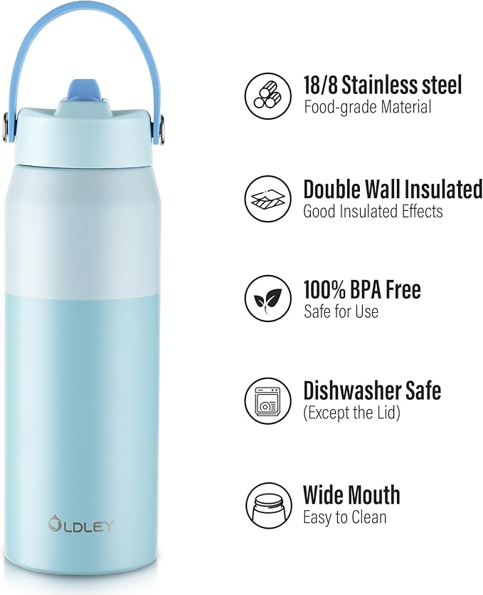Oldley 24oz Insulated Water Bottle with Straw, Stainless Steel Water Bottle for Sports, Travel, School, BPA-Free Sports Bottles for Adult Kids, Leak-Proof, Light Blue Layered