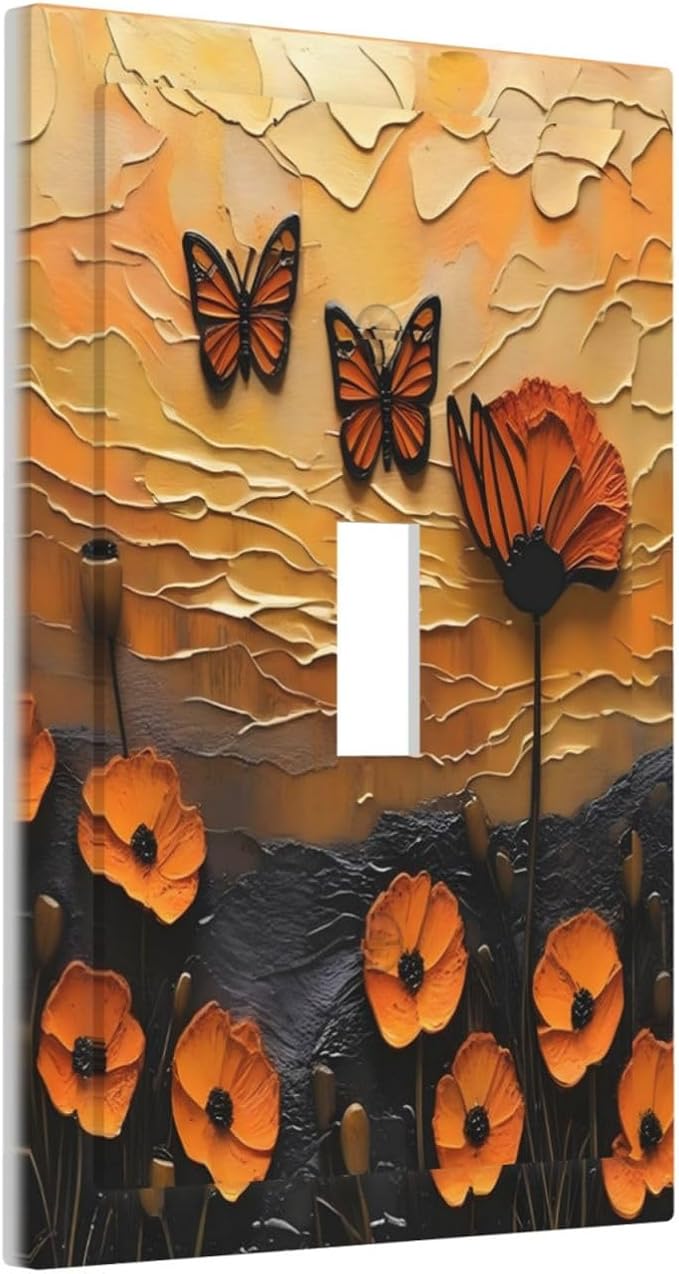 Oil Painting Flower Sunset Butterfly Vintage Rustic Floral Decorative Light Switch Cover 1 Gang Single Toggle Device Electrical Faceplate Switchplates Decorator Outlet Wall Plate for Bedroom Home