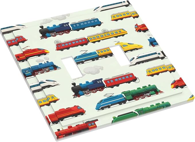 Vintage & Modern Trains Double Toggle Switch Cover - 2-Gang Standard US Size Colorful Locomotive Light Switch Covers, Retro Steam & High-Speed for Boys Room